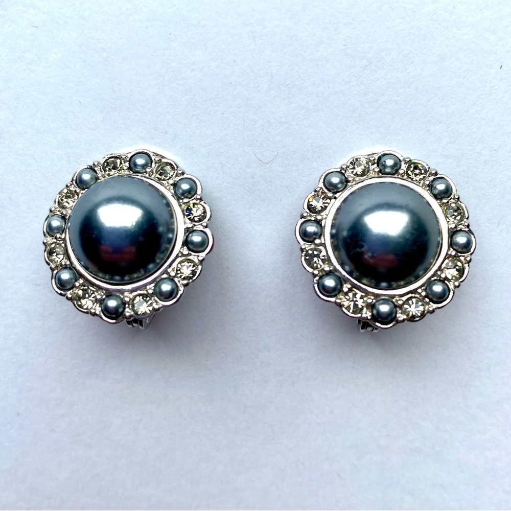 Monet Enamel and Rhinestone Clip On Earrings - Grey in Gunmetal